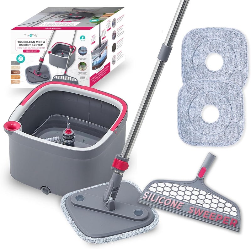 True & Tidy True Clean Spin Mop & Bucket System – Dual Compartment Design for Clean & Dirty Water, 360° Swivel Mop Head, Built-in Scrubbing Brush, Stainless Steel Handle & 2 Reusable Microfiber Pads - Image 1